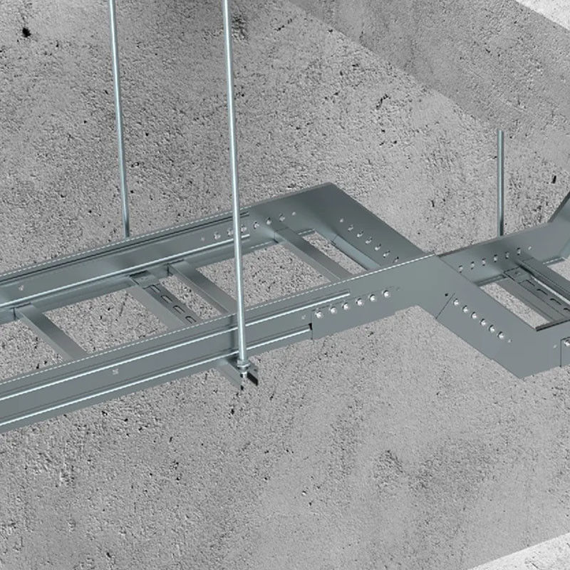 Brandbestendige stalen kabelladder, wandmontage, instalatie, weerbestendige bochten en tees