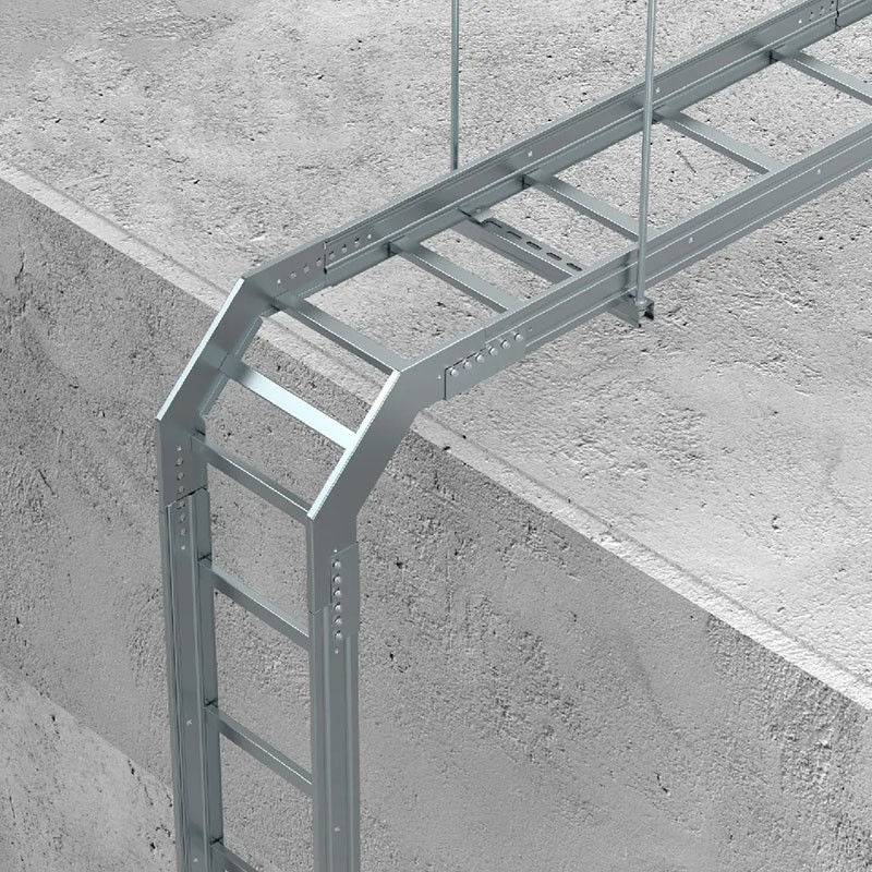 Brandbestendige stalen kabelladder, wandmontage, instalatie, weerbestendige bochten en tees